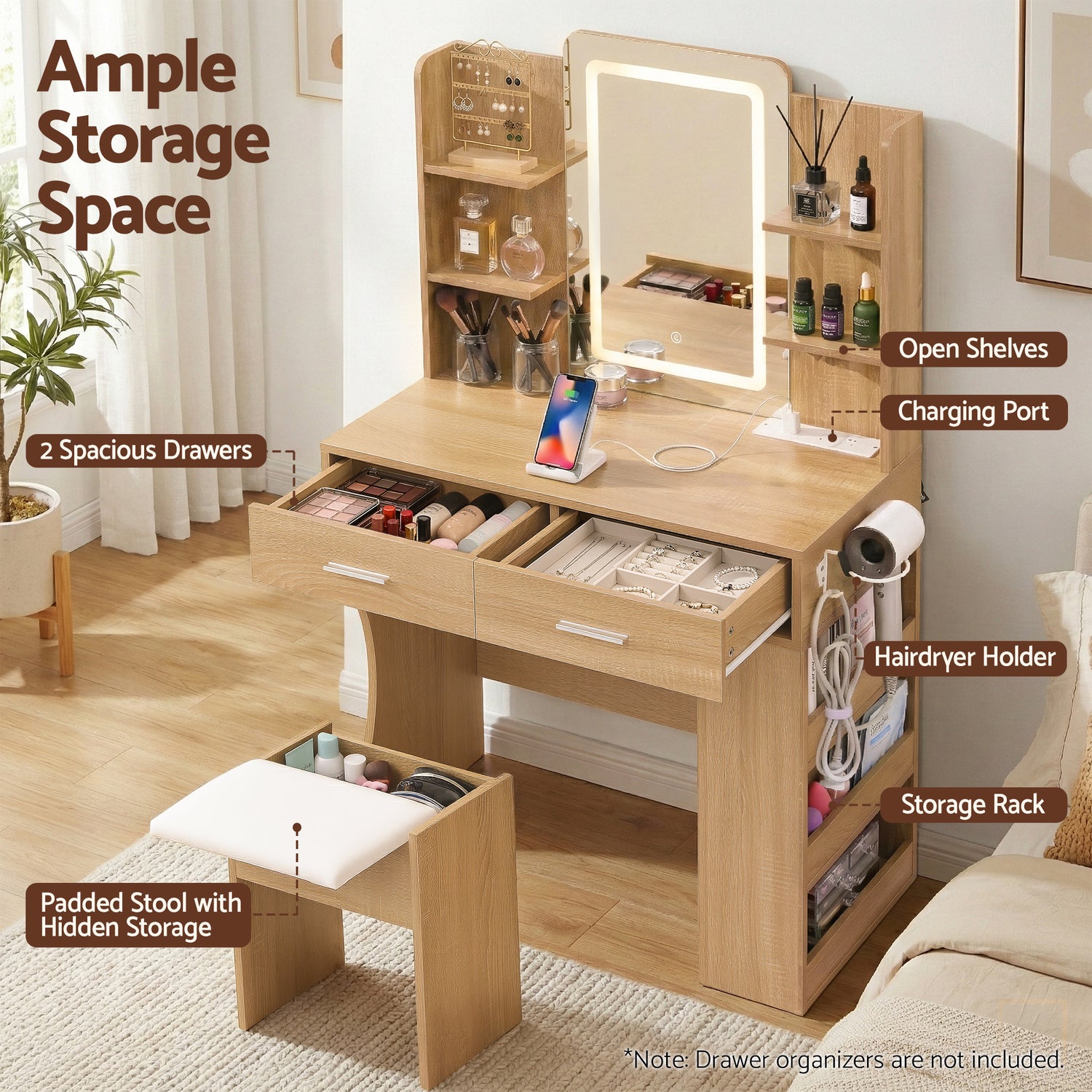 Artiss Dressing Table LED Vanity Desk Set Stool Wood-Furniture > Bedroom > Dressing Vanity &amp; Dressing Tables-PEROZ Accessories