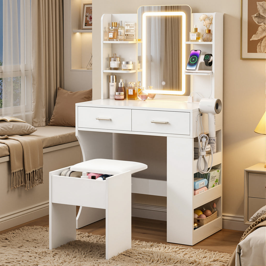Artiss Dressing Table LED Vanity Desk Set Stool White-Furniture > Bedroom > Dressing Vanity &amp; Dressing Tables-PEROZ Accessories
