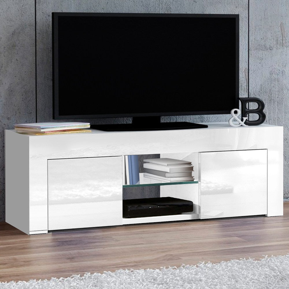 Artiss 130cm High Gloss TV Stand Entertainment Unit Storage Cabinet Tempered Glass Shelf White-Entertainment Units-PEROZ Accessories