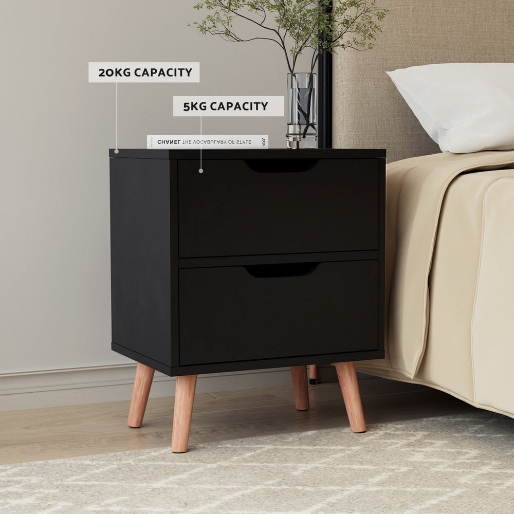 Artiss 2 x Bedside Table 2 Drawers - BODEN Black-Furniture &gt; Bedroom &gt; Bedside Tables-PEROZ Accessories