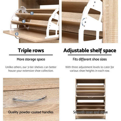 Artiss Shoe Rack Cabinet 24 Pairs 3-tier Wood Nina-Shoe Storage Cabinets-PEROZ Accessories