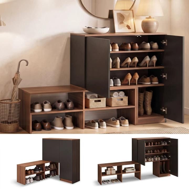 Artiss 2-IN-1 Shoe Cabinet Bench w/ Adjustable Shelf Hallway Walnut &amp; Black-Furniture > Living Room > Shoe Storage-PEROZ Accessories