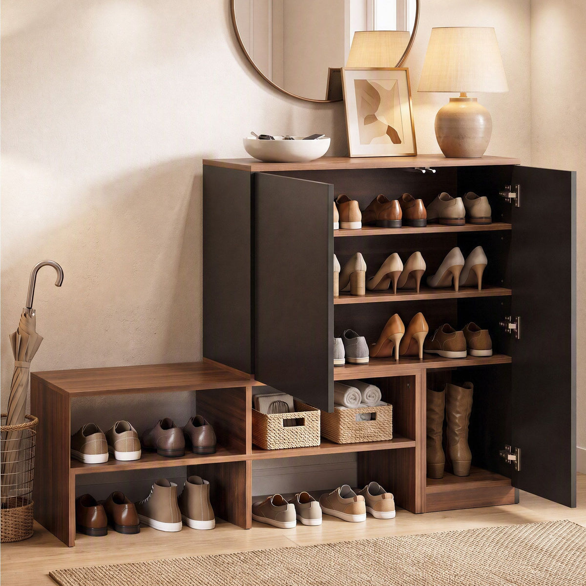 Artiss 2-IN-1 Shoe Cabinet Bench w/ Adjustable Shelf Hallway Walnut &amp; Black
