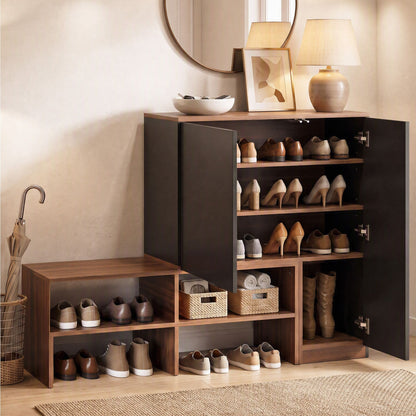 Artiss 2-IN-1 Shoe Cabinet Bench w/ Adjustable Shelf Hallway Walnut &amp; Black
