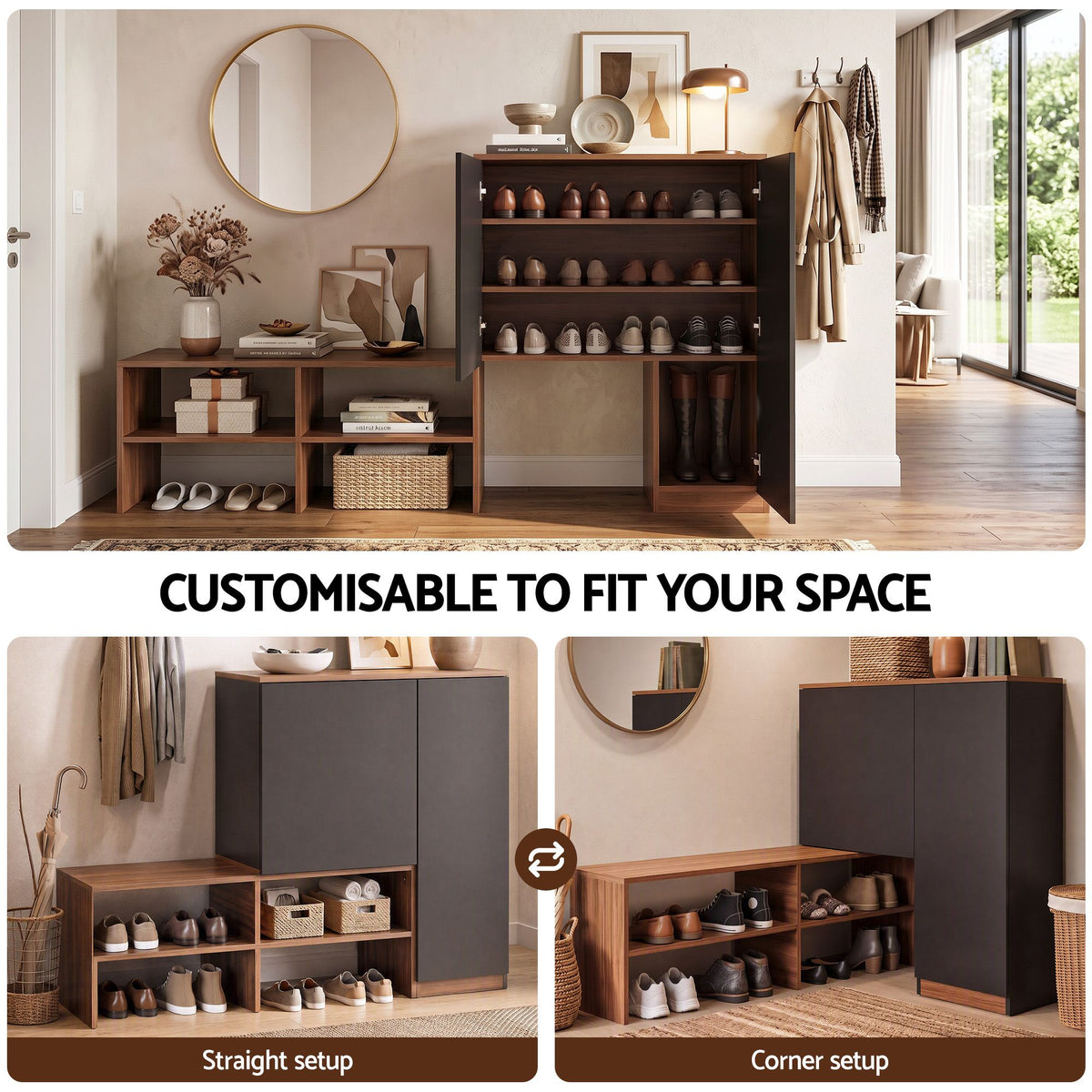 Artiss 2-IN-1 Shoe Cabinet Bench w/ Adjustable Shelf Hallway Walnut &amp; Black