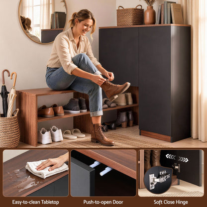 Artiss 2-IN-1 Shoe Cabinet Bench w/ Adjustable Shelf Hallway Walnut &amp; Black