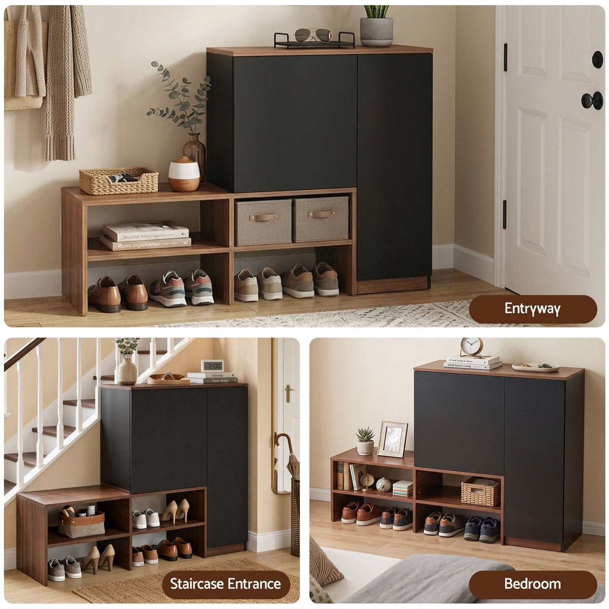 Artiss 2-IN-1 Shoe Cabinet Bench w/ Adjustable Shelf Hallway Walnut &amp; Black