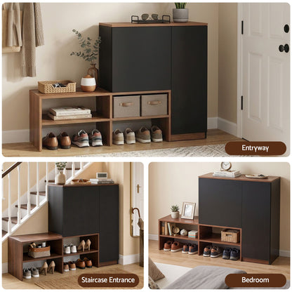 Artiss 2-IN-1 Shoe Cabinet Bench w/ Adjustable Shelf Hallway Walnut &amp; Black