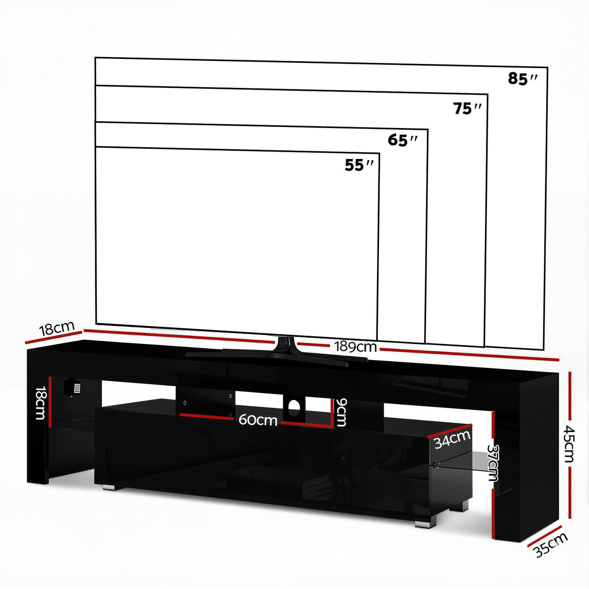 Artiss Entertainment Unit TV Cabinet LED 189cm Black Elo-Entertainment Units-PEROZ Accessories
