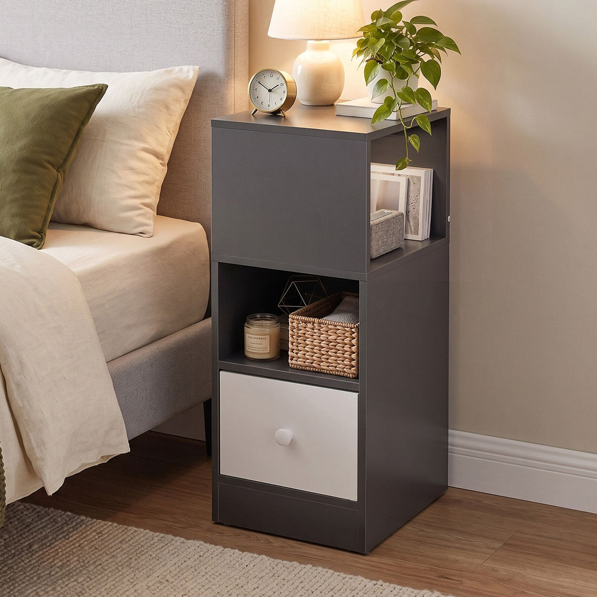 Artiss Narrow Bedside Table Grey Small Side Cabinet 1 Drawer