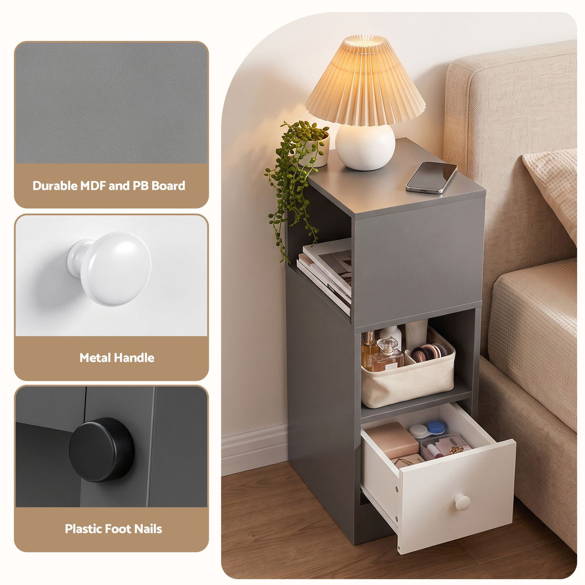 Artiss Narrow Bedside Table Grey Small Side Cabinet 1 Drawer