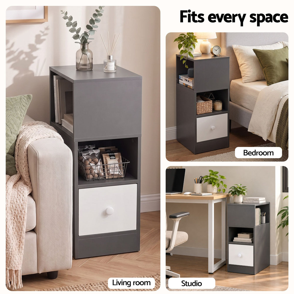 Artiss Narrow Bedside Table Grey Small Side Cabinet 1 Drawer