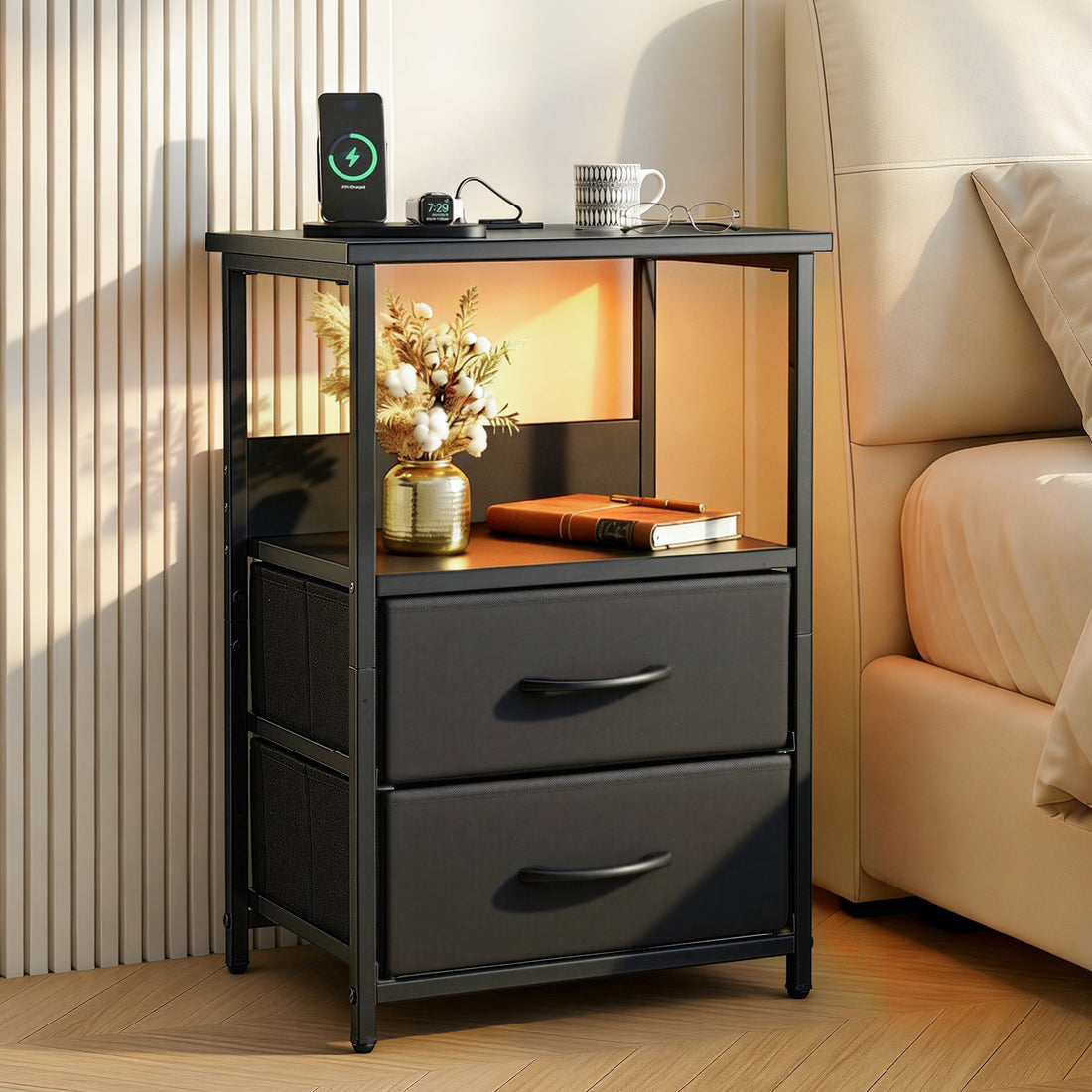 Artiss Bedside Table LED Nightstand Charging Station 2 Drawers Foldable Black-Furniture > Bedroom > Bedside Tables-PEROZ Accessories