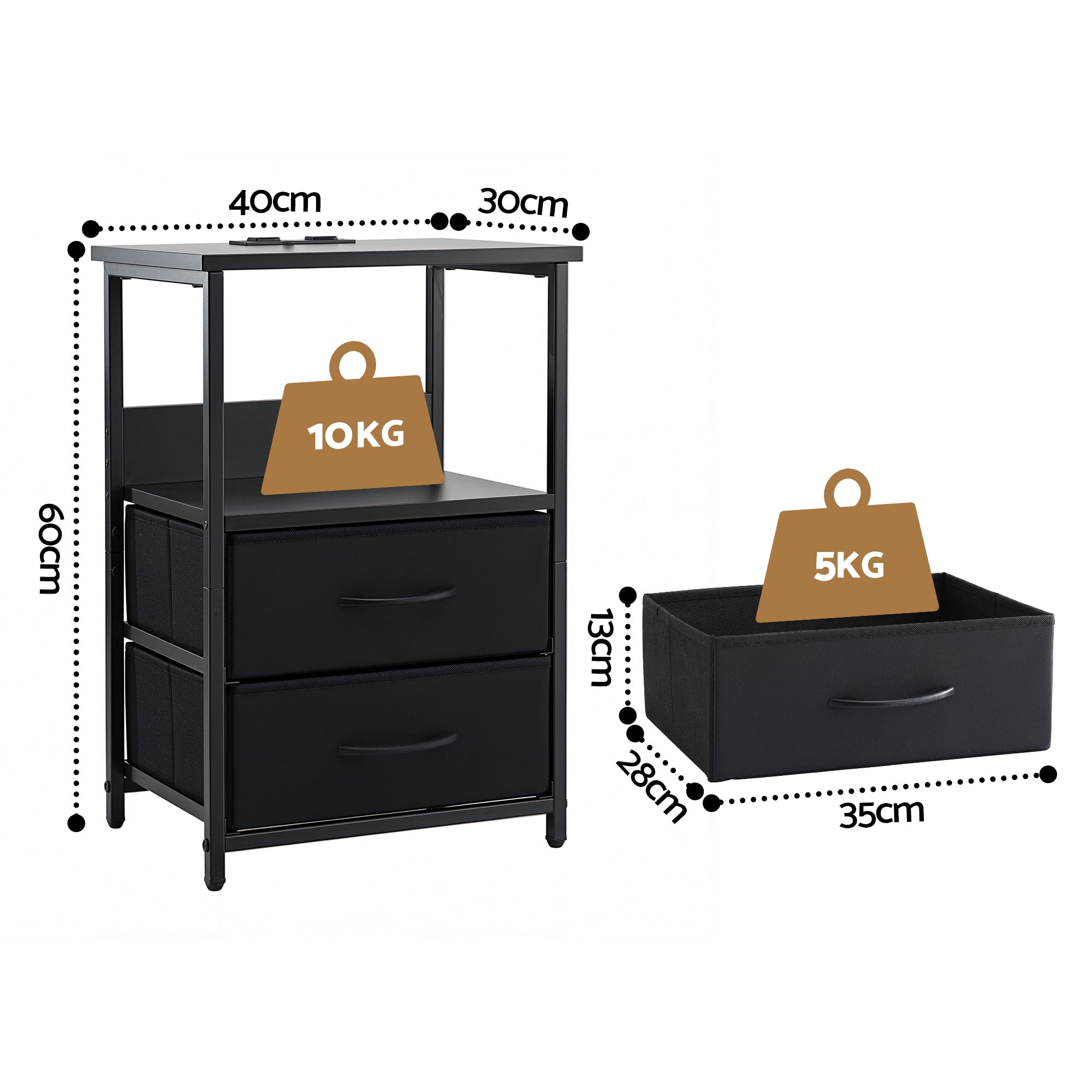 Artiss Bedside Table LED Nightstand Charging Station 2 Drawers Foldable Black-Furniture > Bedroom > Bedside Tables-PEROZ Accessories
