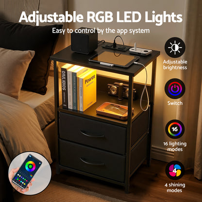 Artiss Bedside Table LED Nightstand Charging Station 2 Drawers Foldable Black-Furniture > Bedroom > Bedside Tables-PEROZ Accessories