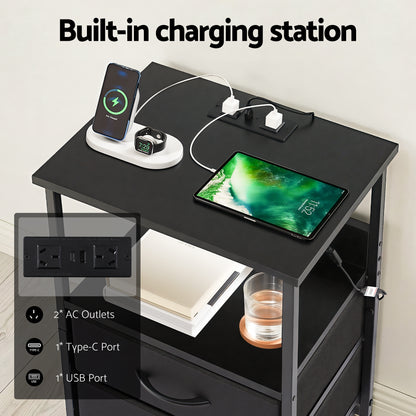 Artiss Bedside Table LED Nightstand Charging Station 2 Drawers Foldable Black-Furniture > Bedroom > Bedside Tables-PEROZ Accessories