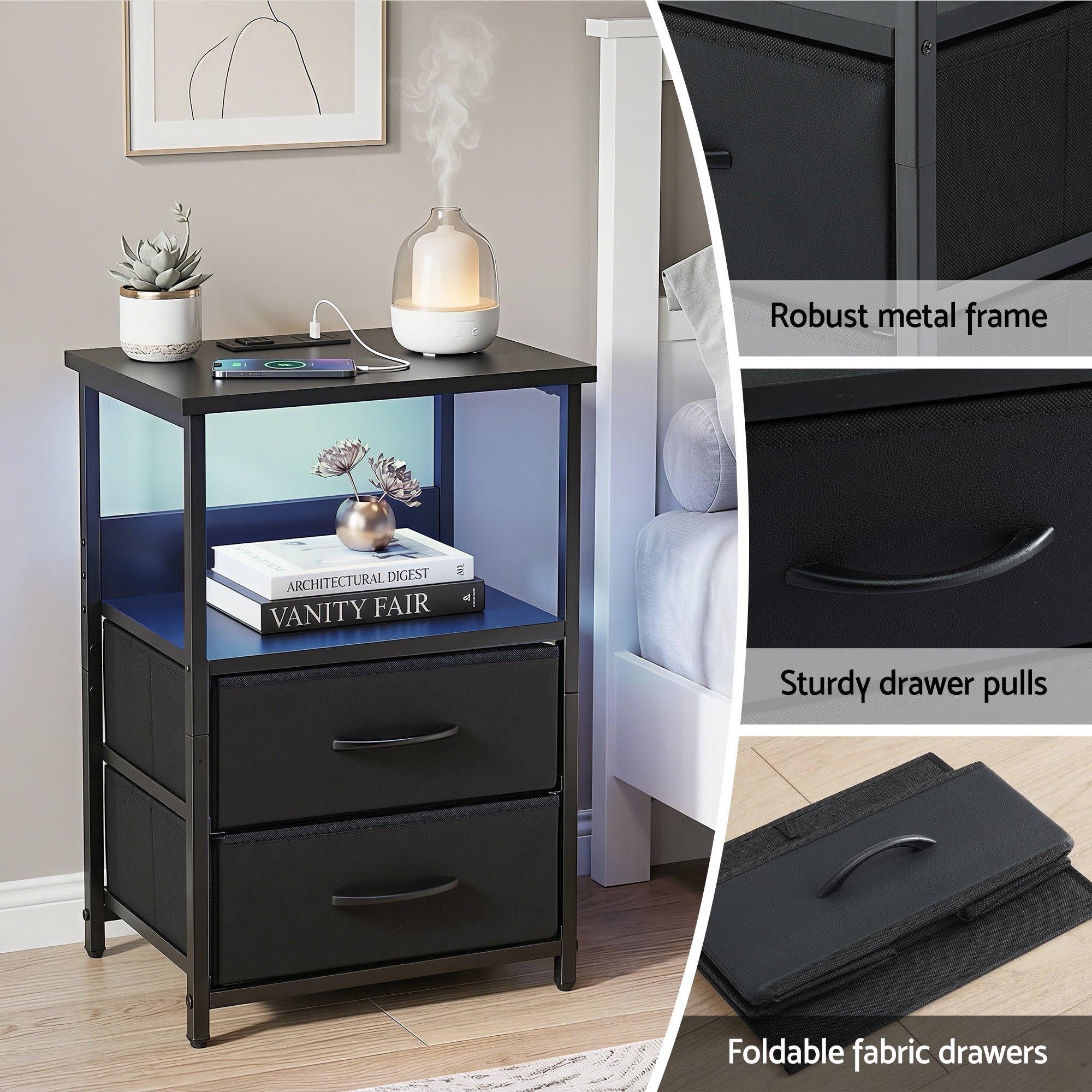 Artiss Bedside Table LED Nightstand Charging Station 2 Drawers Foldable Black-Furniture > Bedroom > Bedside Tables-PEROZ Accessories