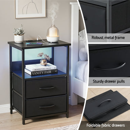 Artiss Bedside Table LED Nightstand Charging Station 2 Drawers Foldable Black-Furniture > Bedroom > Bedside Tables-PEROZ Accessories
