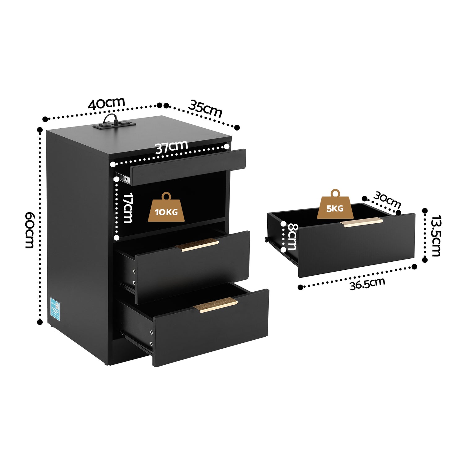 Artiss Bedside Table LED Nightstand Charging Station 2 Drawers - Black-Furniture > Bedroom > Bedside Tables-PEROZ Accessories