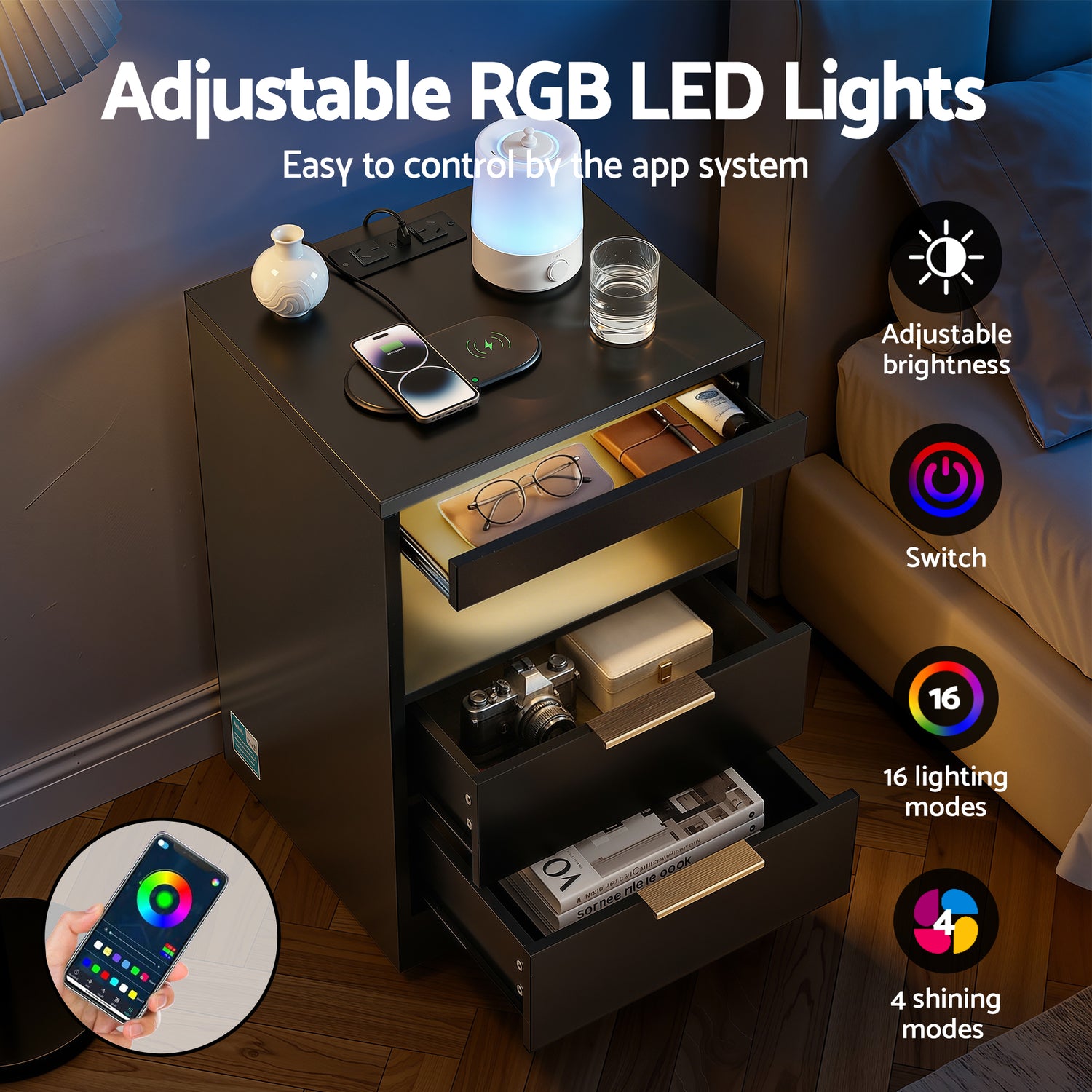 Artiss Bedside Table LED Nightstand Charging Station 2 Drawers - Black-Furniture > Bedroom > Bedside Tables-PEROZ Accessories