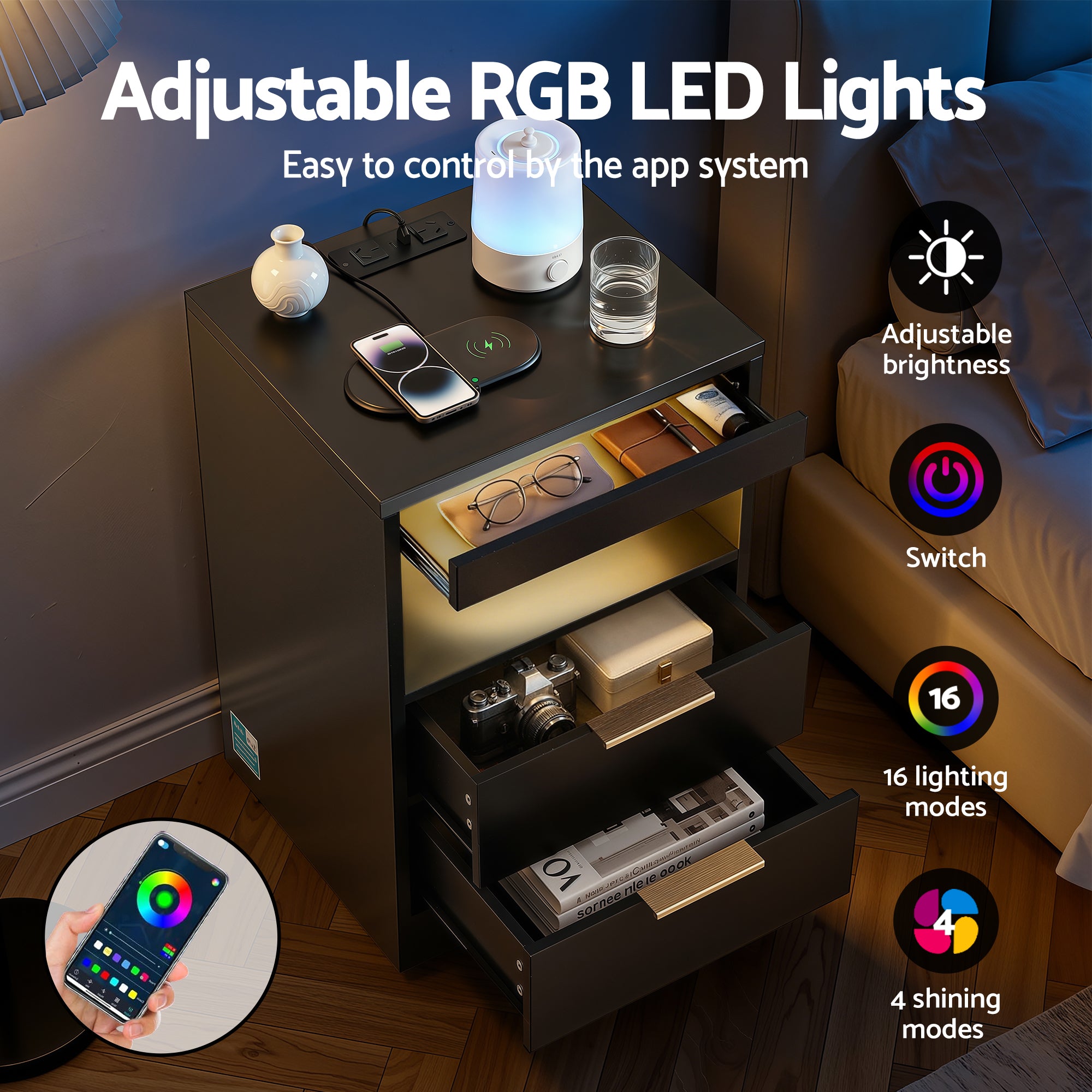 Artiss Bedside Table LED Nightstand Charging Station 2 Drawers - Black-Furniture > Bedroom > Bedside Tables-PEROZ Accessories