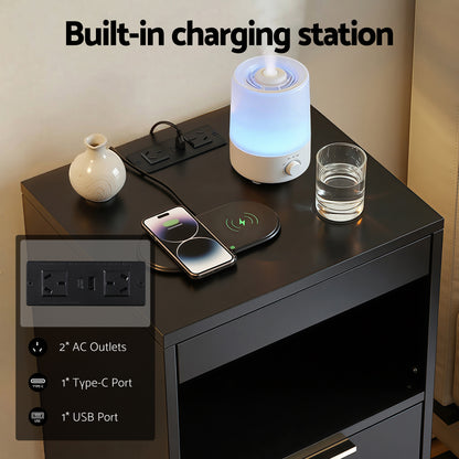 Artiss Bedside Table LED Nightstand Charging Station 2 Drawers - Black-Furniture > Bedroom > Bedside Tables-PEROZ Accessories