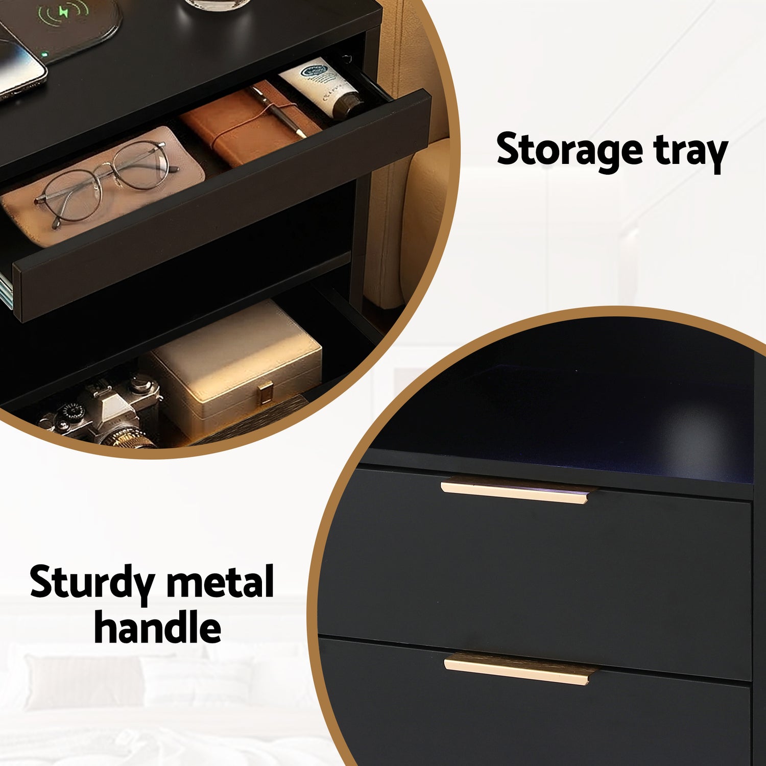 Artiss Bedside Table LED Nightstand Charging Station 2 Drawers - Black-Furniture > Bedroom > Bedside Tables-PEROZ Accessories