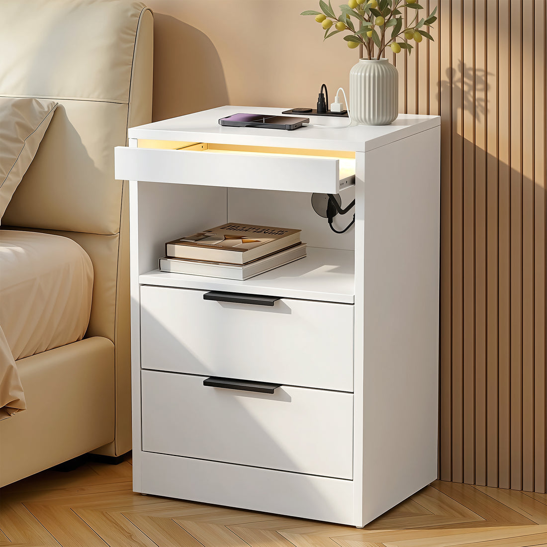 Artiss Bedside Table LED Nightstand Charging Station 2 Drawers - White-Furniture > Bedroom > Bedside Tables-PEROZ Accessories