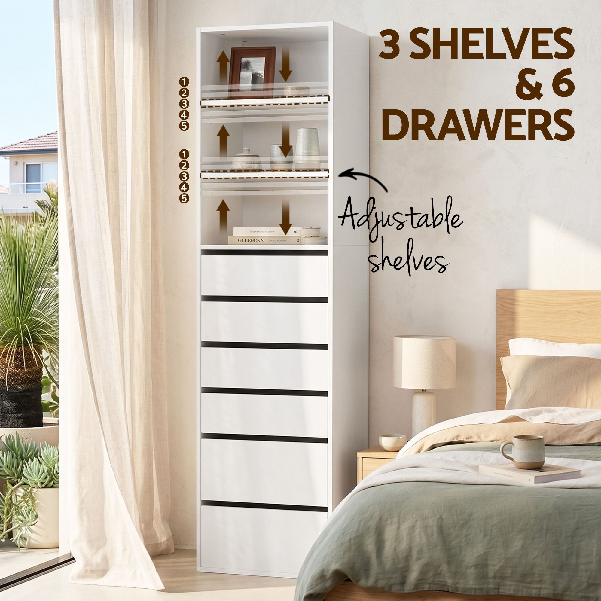 Artiss 2x Chest of 6 Drawers Tallboy Cabinet Adjustable Shelf White-Furniture > Bedroom > Dressers-PEROZ Accessories