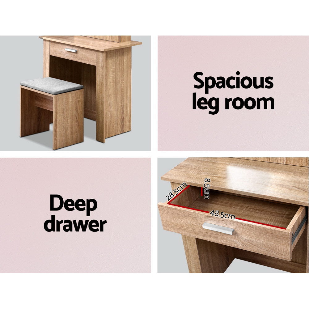 Artiss Dressing Table Stool Set Sliding Mirror Oak Demi-Dressing Tables-PEROZ Accessories