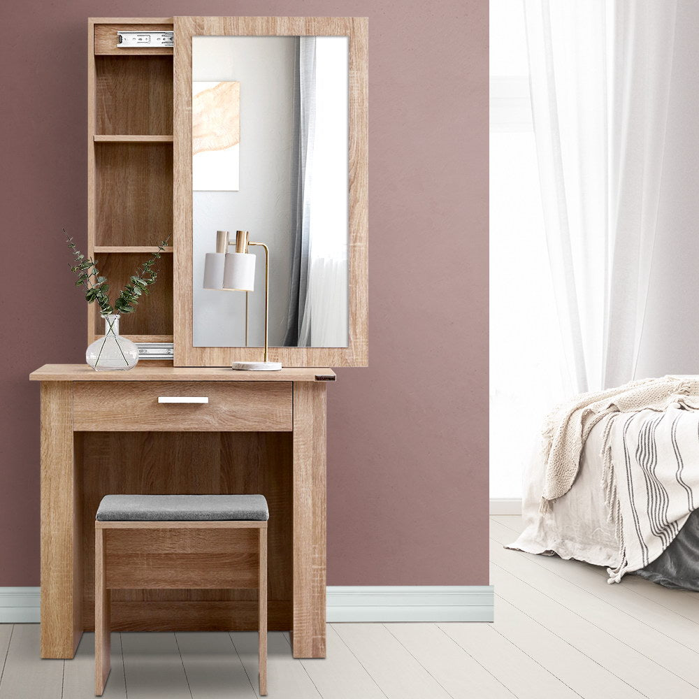 Artiss Dressing Table Stool Set Sliding Mirror Oak Demi-Dressing Tables-PEROZ Accessories