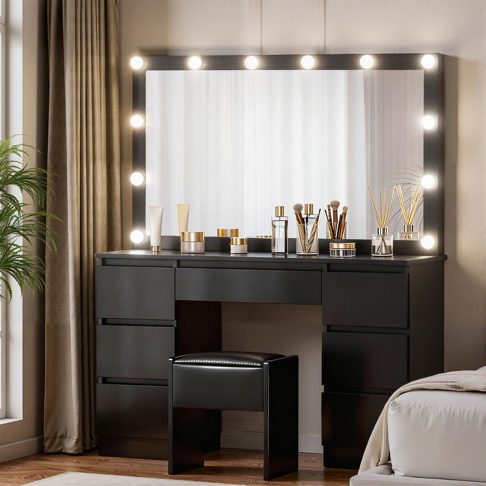 Artiss Dressing Table Vanity Desk Set Stool 12 Led Bulbs Black-Furniture > Bedroom > Dressing Vanity &amp; Dressing Tables-PEROZ Accessories