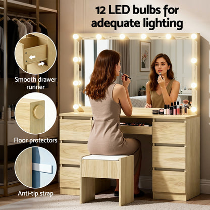 Artiss Dressing Table Vanity Desk Set Stool 12 Led Bulbs Wood-Furniture > Bedroom > Dressing Vanity &amp; Dressing Tables-PEROZ Accessories