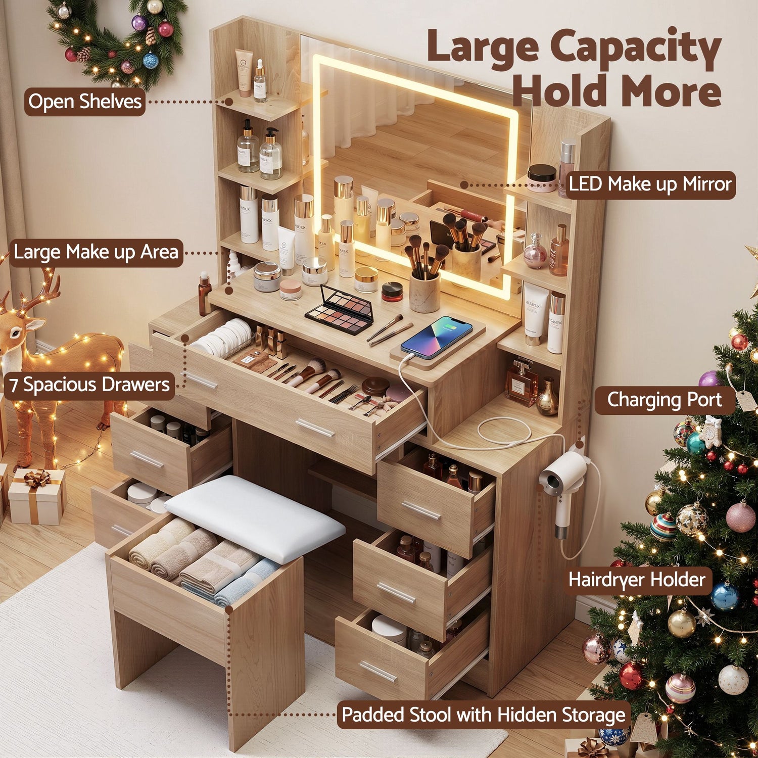 Artiss Dressing Table Vanity Desk Set Stool LED Charging Station Wood