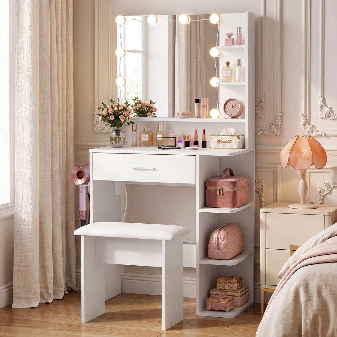 Artiss Dressing Table Vanity Desk LED Mirror Stool Storage Power Outlet Hairdryer Holder White-Furniture > Bedroom > Dressing Vanity &amp; Dressing Tables-PEROZ Accessories