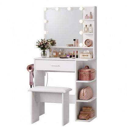 Artiss Dressing Table Vanity Desk LED Mirror Stool Storage Power Outlet Hairdryer Holder White-Furniture > Bedroom > Dressing Vanity &amp; Dressing Tables-PEROZ Accessories