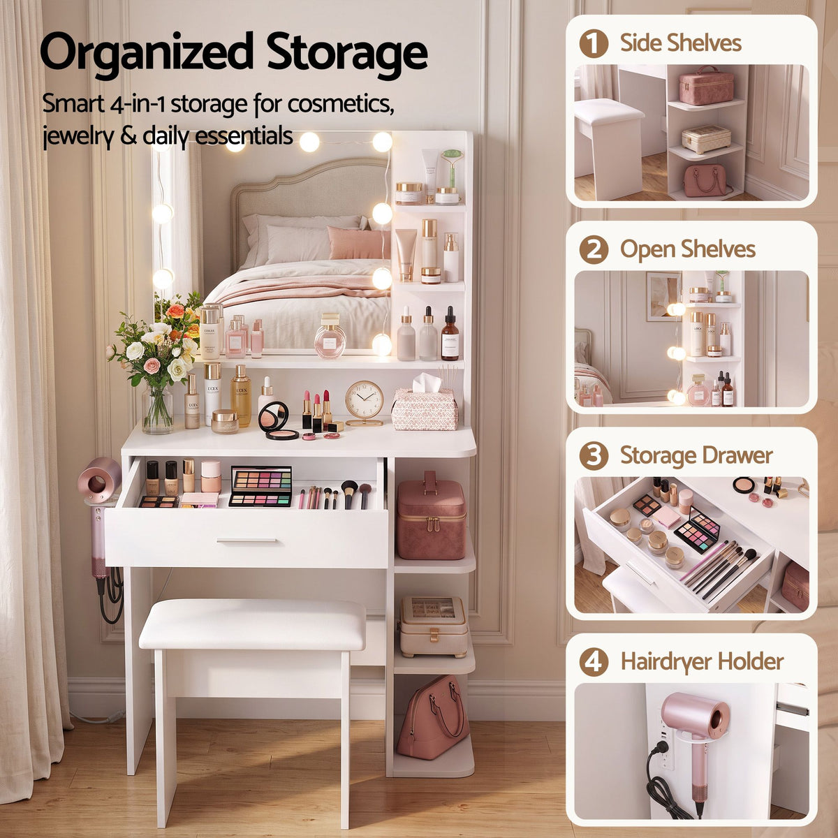 Artiss Dressing Table Vanity Desk LED Mirror Stool Storage Power Outlet Hairdryer Holder White-Furniture > Bedroom > Dressing Vanity &amp; Dressing Tables-PEROZ Accessories