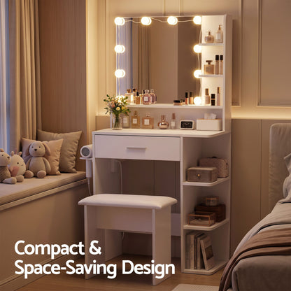 Artiss Dressing Table Vanity Desk LED Mirror Stool Storage Power Outlet Hairdryer Holder White-Furniture > Bedroom > Dressing Vanity &amp; Dressing Tables-PEROZ Accessories