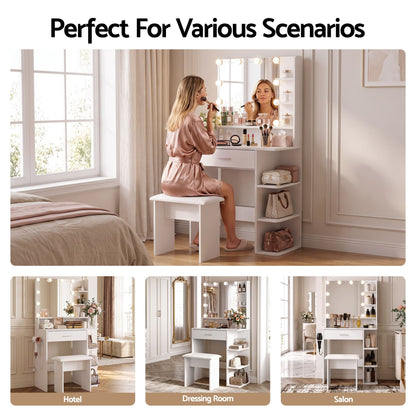 Artiss Dressing Table Vanity Desk LED Mirror Stool Storage Power Outlet Hairdryer Holder White-Furniture > Bedroom > Dressing Vanity &amp; Dressing Tables-PEROZ Accessories