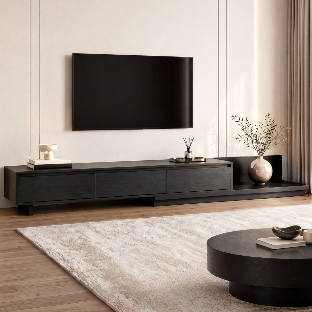 Artiss Extendable TV Unit 200CM 3 Storage Drawers Dark Walnut &amp; Black