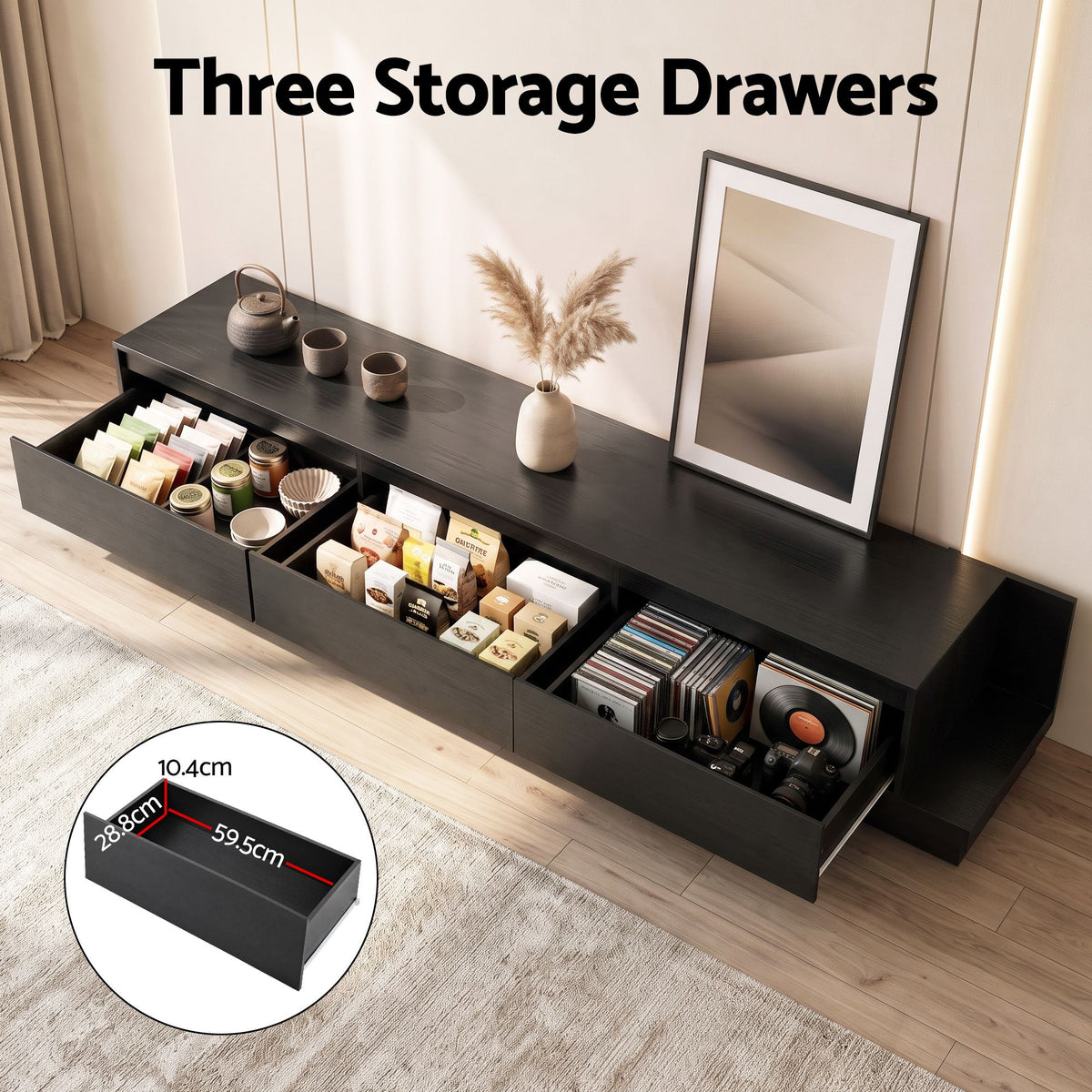 Artiss Extendable TV Unit 200CM 3 Storage Drawers Dark Walnut &amp; Black