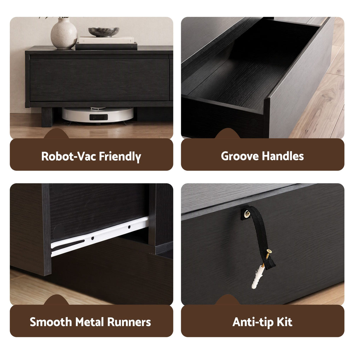 Artiss Extendable TV Unit 200CM 3 Storage Drawers Dark Walnut &amp; Black