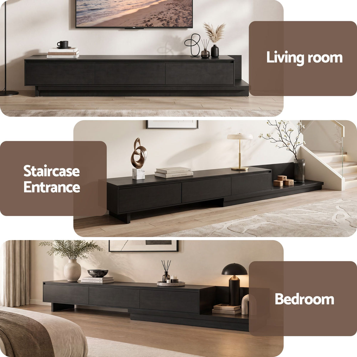 Artiss Extendable TV Unit 200CM 3 Storage Drawers Dark Walnut &amp; Black