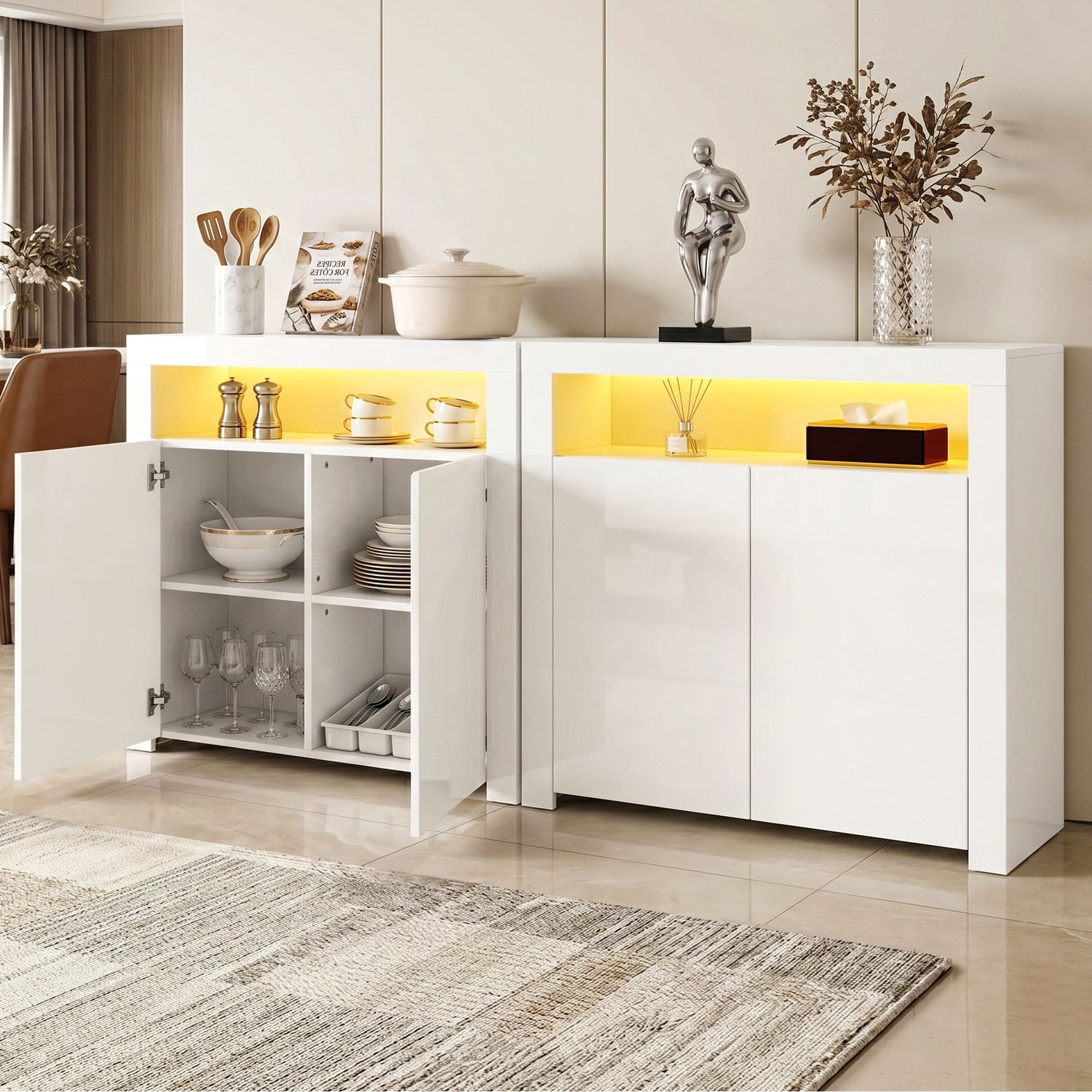 Artiss 2x Buffet Sideboard Cabinet LED Cupboard High-Gloss Storage Pantry ARNO-Furniture > Dining > Buffets &amp; Sideboards-PEROZ Accessories