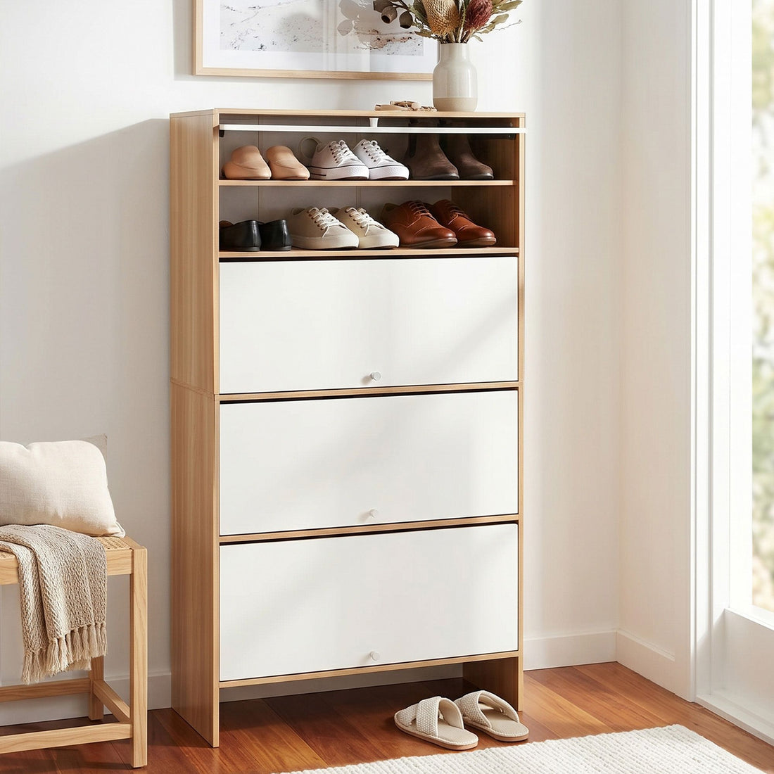 Artiss Narrow Shoe Cabinet Adjustable Shelves Flip-up Door White &amp; Pine