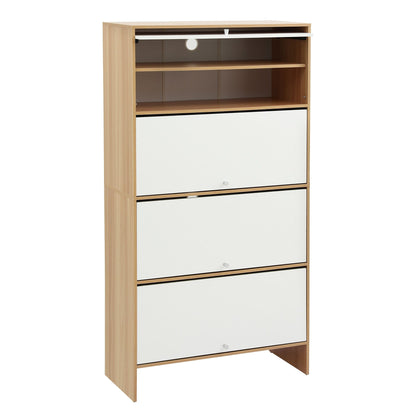 Artiss Narrow Shoe Cabinet Adjustable Shelves Flip-up Door White &amp; Pine