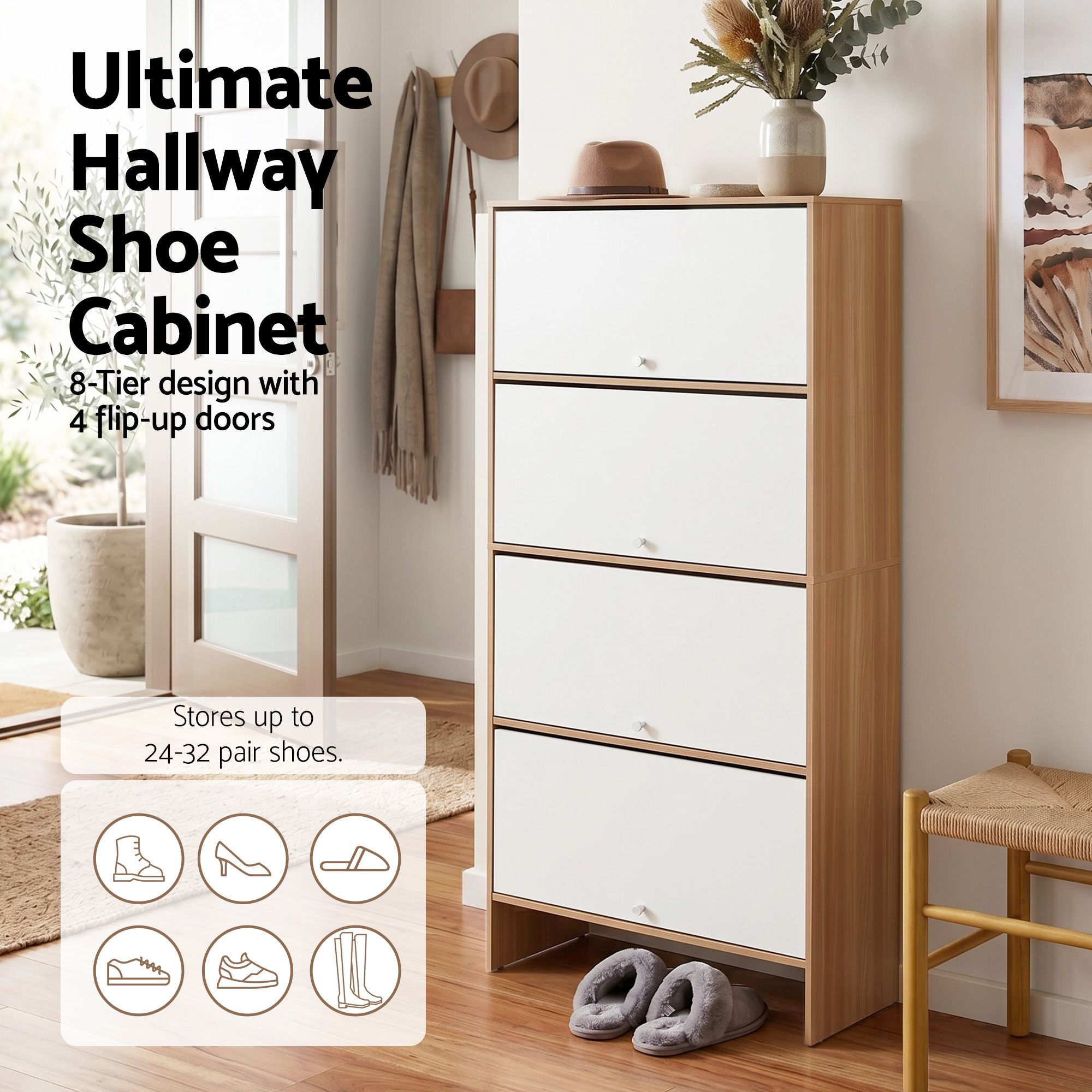 Artiss Narrow Shoe Cabinet Adjustable Shelves Flip-up Door White &amp; Pine