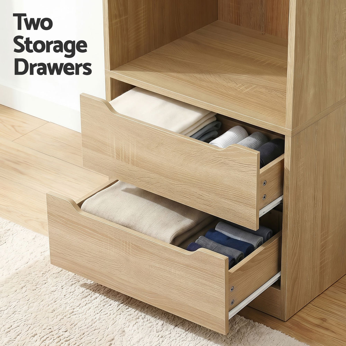 Artiss 2X Wardrobe Clothes Closet Storage Organiser Shelf Drawers Pine