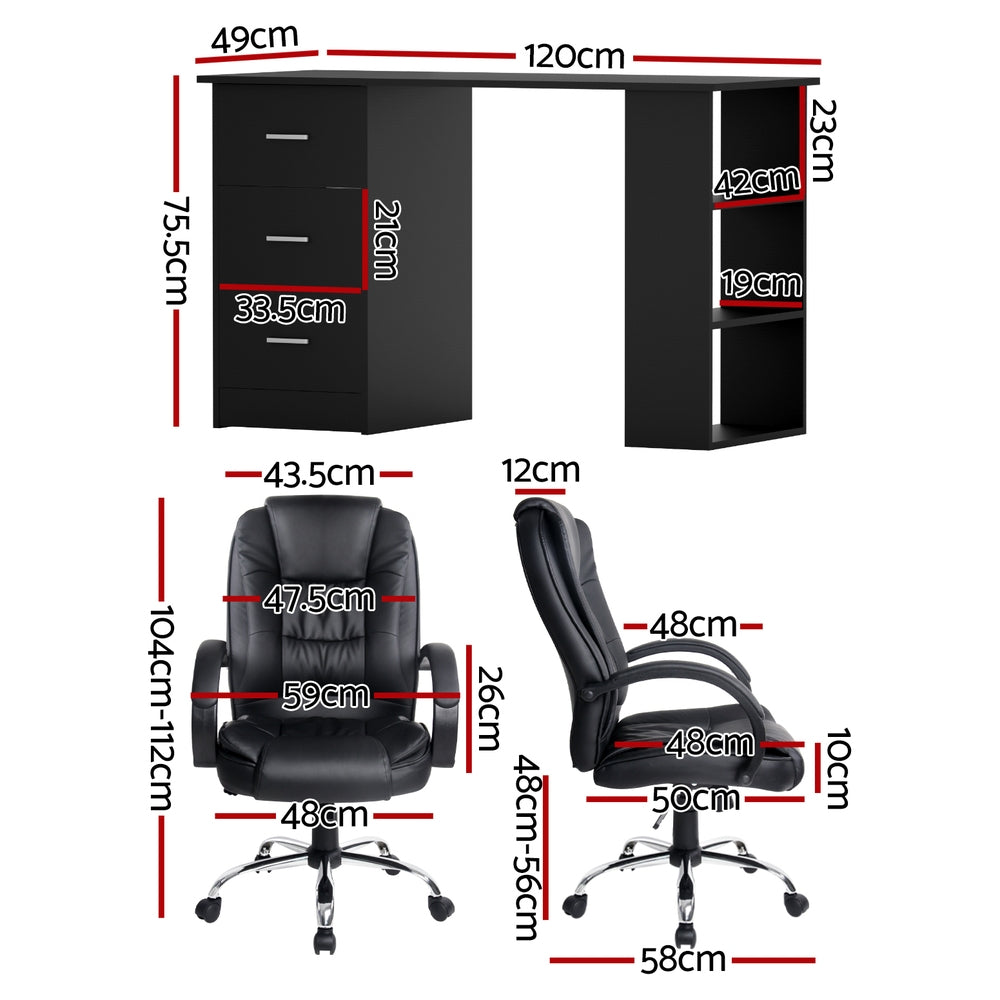 Artiss Computer Desk 120cm Executive Office Chair Set PU Leather High Back Black-Furniture &gt; Office &gt; Desks-PEROZ Accessories