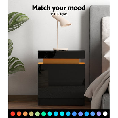 Artiss Bedside Table LED 2 Drawers Lift-up Storage - COLEY Black-Bedside Tables-PEROZ Accessories